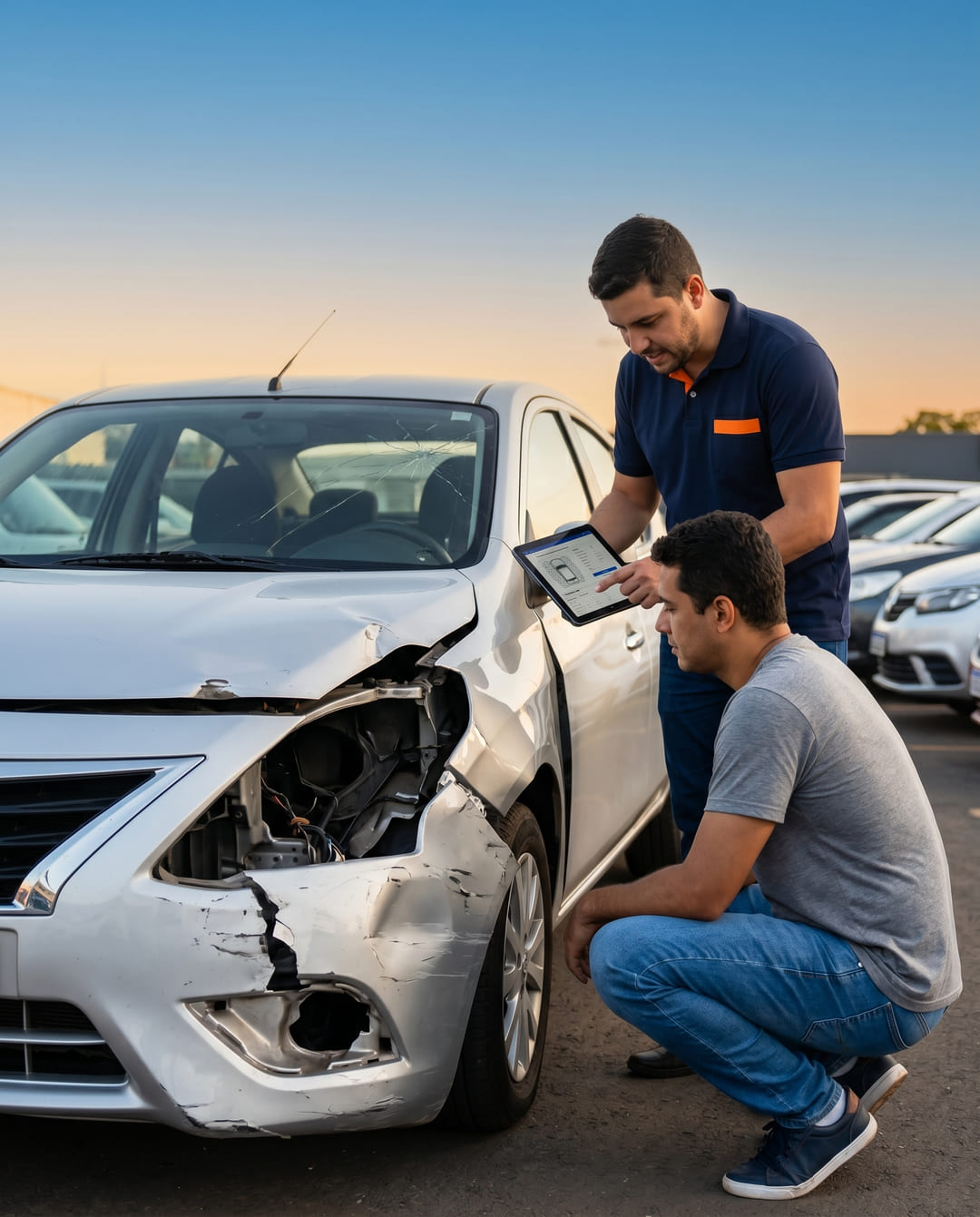 Comprador analisando um carro batido com o consultor da Batidos.Center